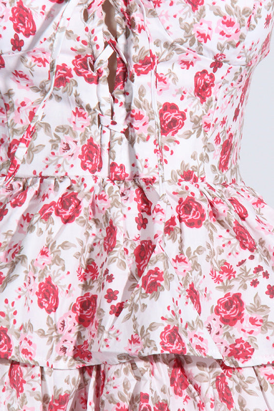 
                      
                        Off the Shoulder Pink Floral Print Tiered Short Dress
                      
                    