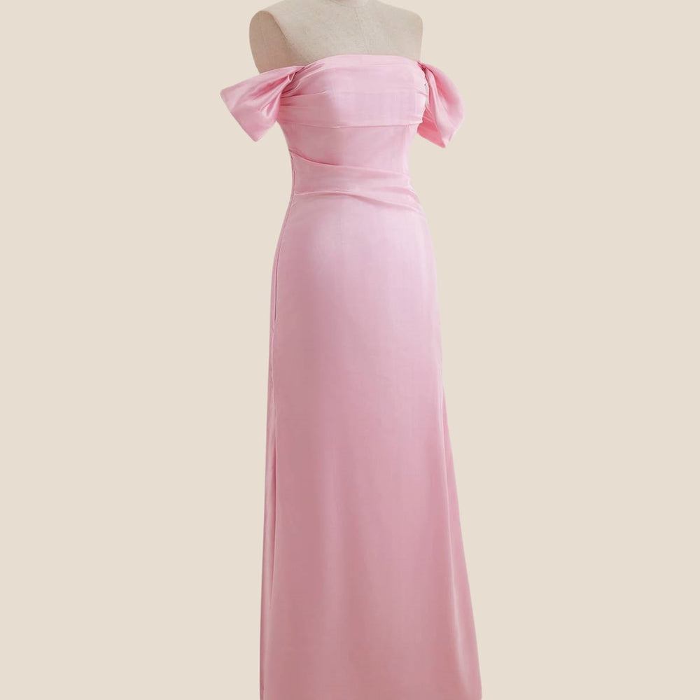 
                      
                        Off the Shoulder Pink Ruched Long Dress
                      
                    