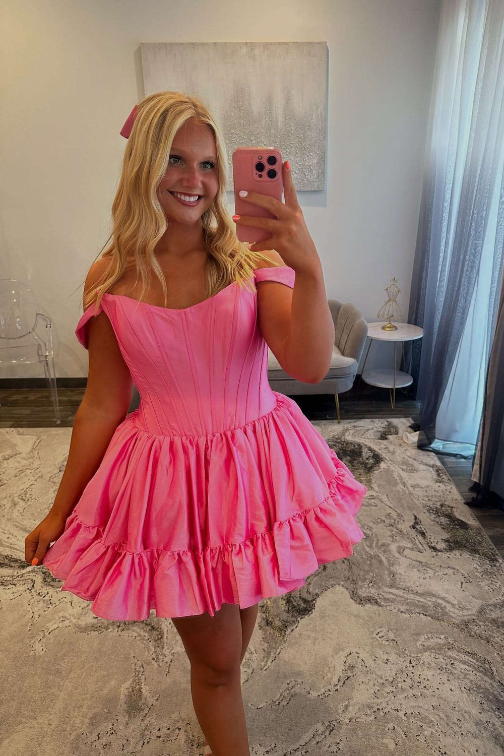 Off the Shoulder Pink Ruffled Short Dress