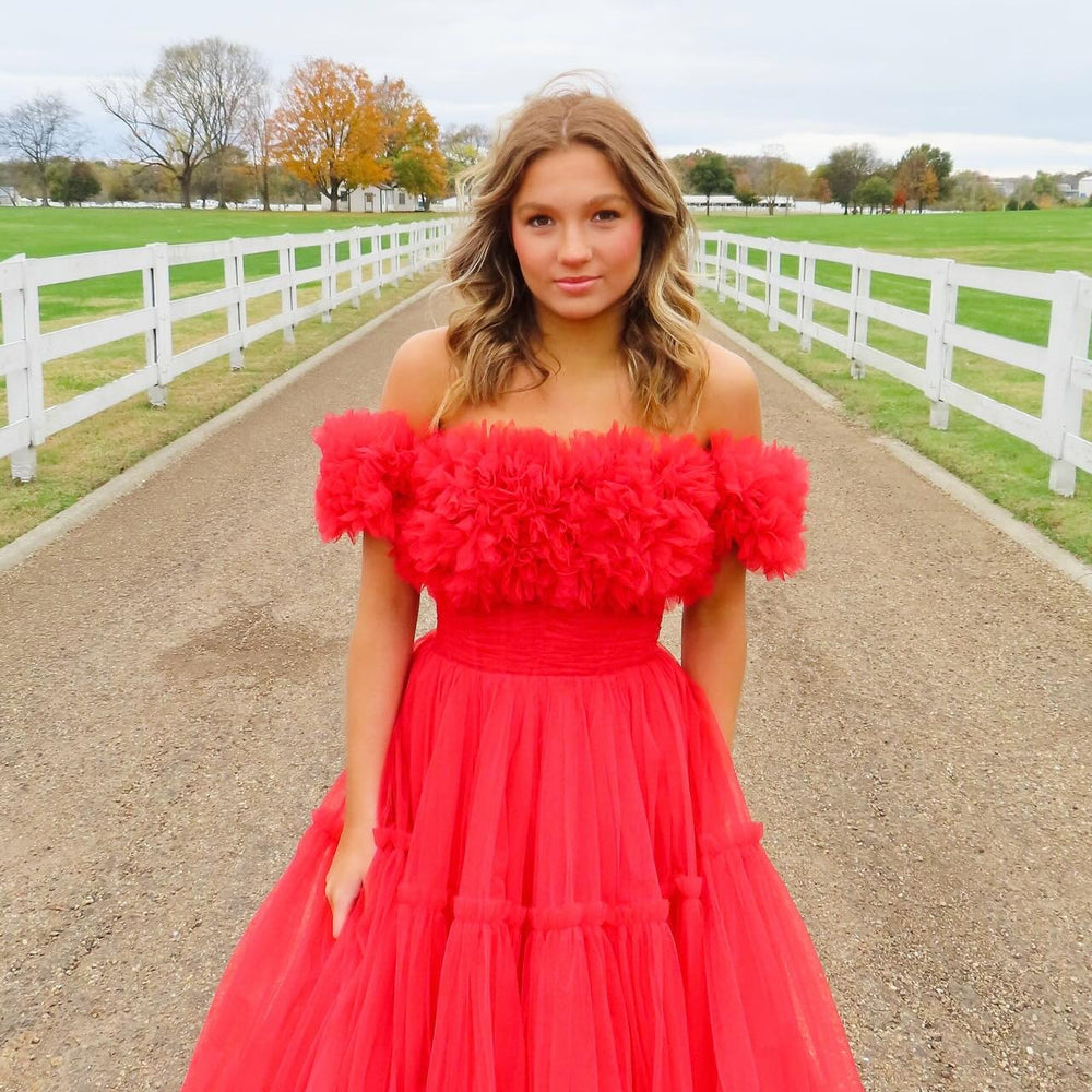 
                      
                        Off the Shoulder Red A-line Tulle Long Dress
                      
                    