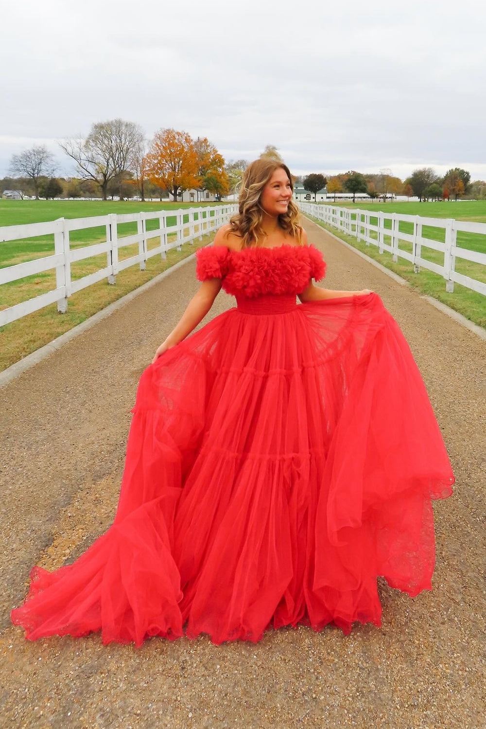 Off the Shoulder Red A-line Tulle Long Dress