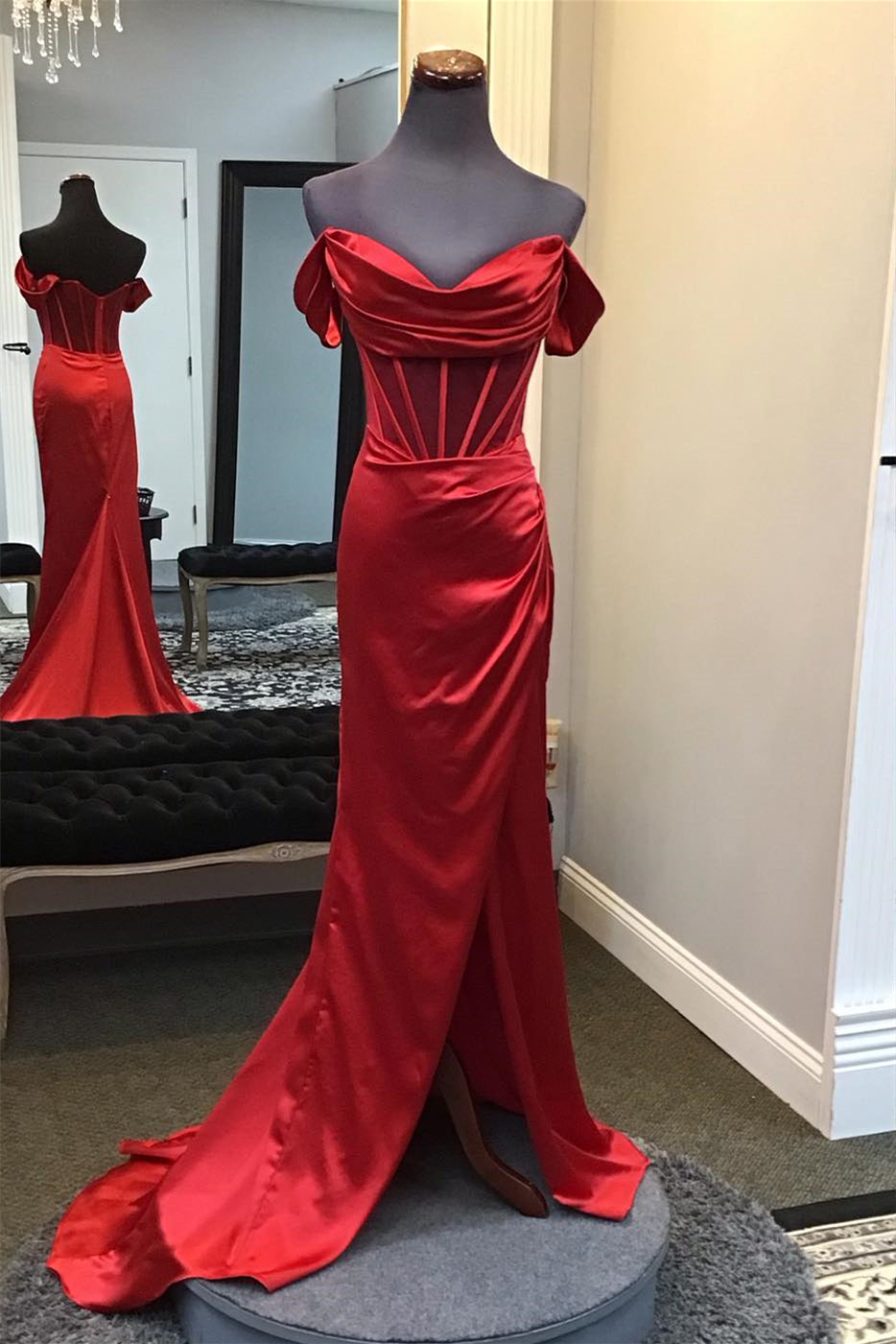 Off the Shoulder Red Long Dress with Slit