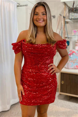 Off the Shoulder Red Sequin Ruched Short Dress