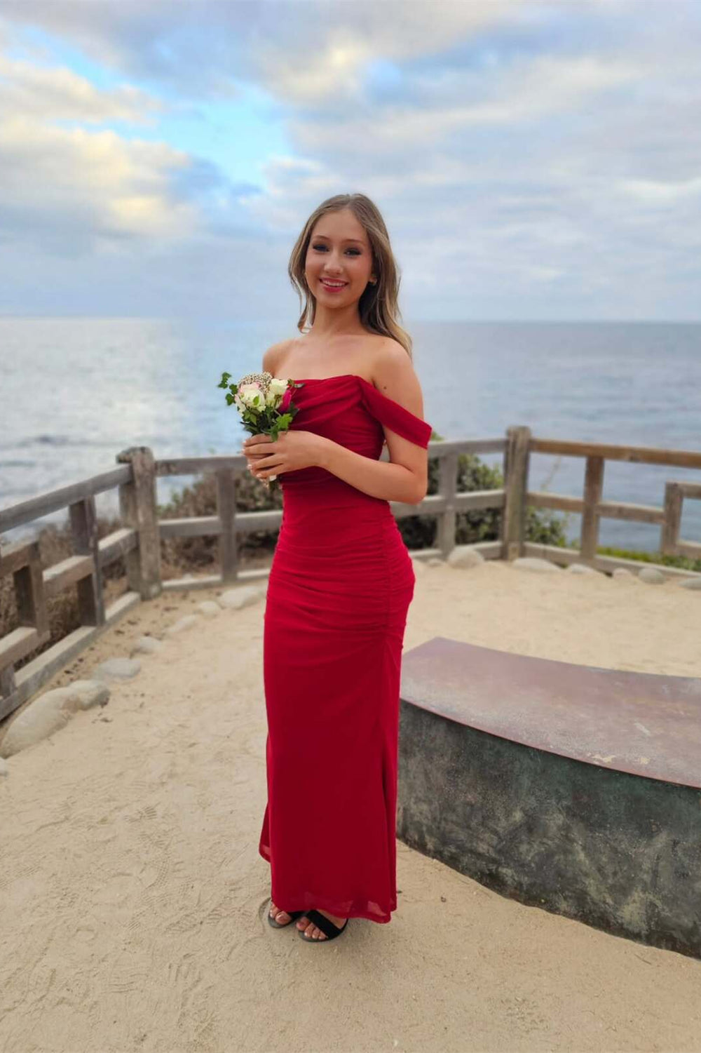 Off the Shoulder Red Ruched Sheath Long Dress