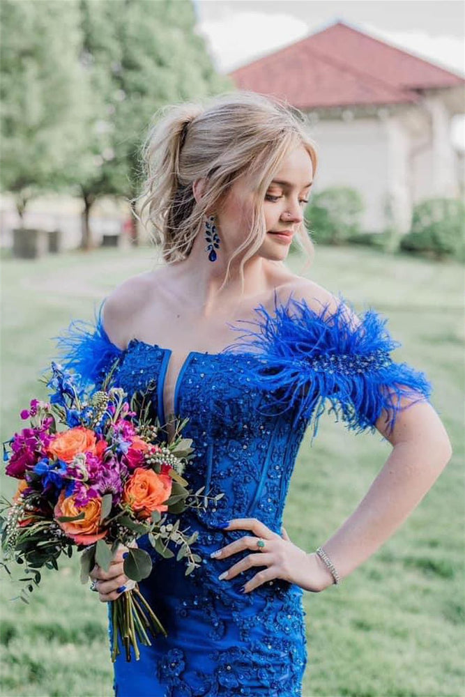 
                      
                        Off the Shoulder Royal Blue Appliques Long Dress
                      
                    