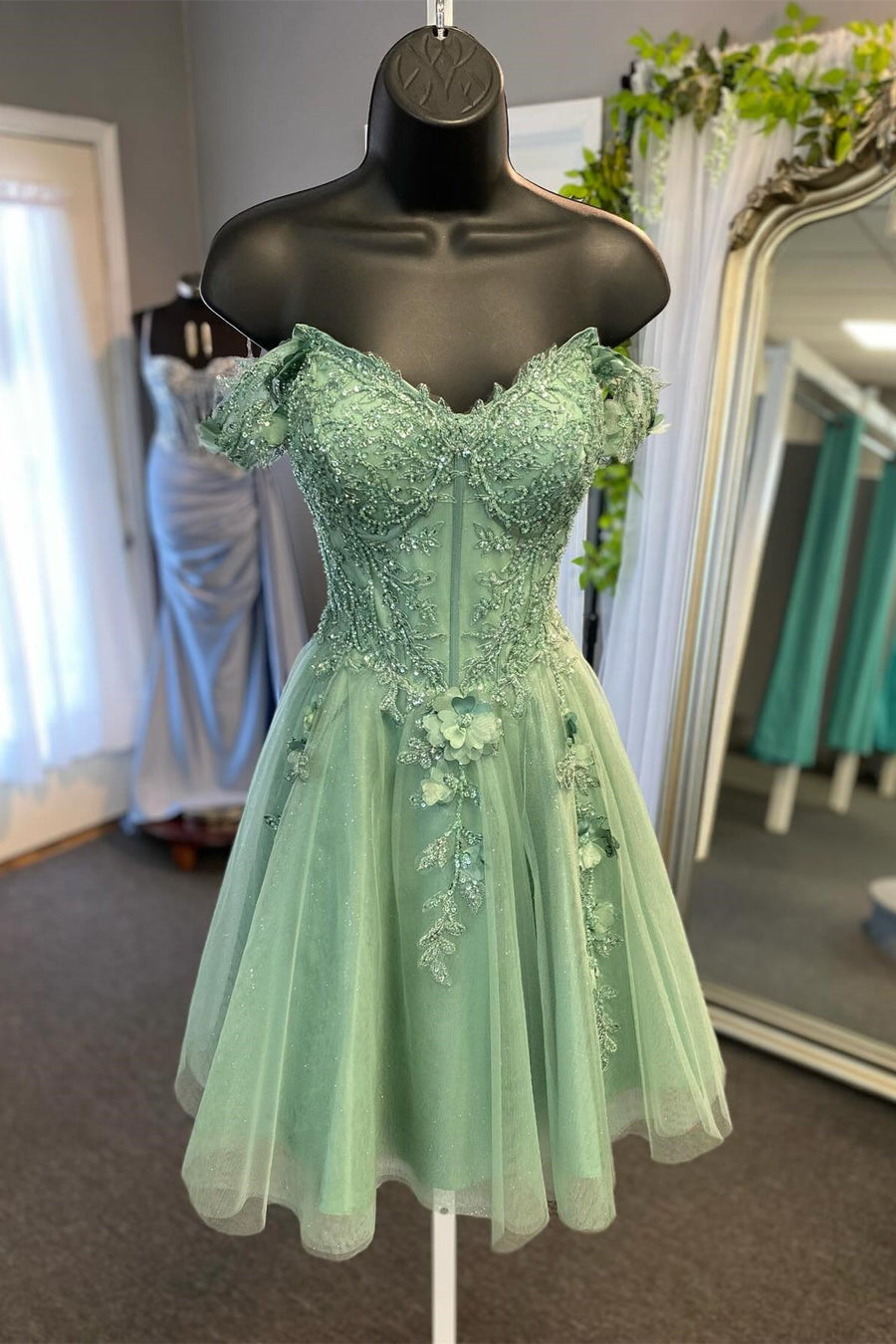 Off the Shoulder Sage Green Beaded Short Dress – PollyBoutique