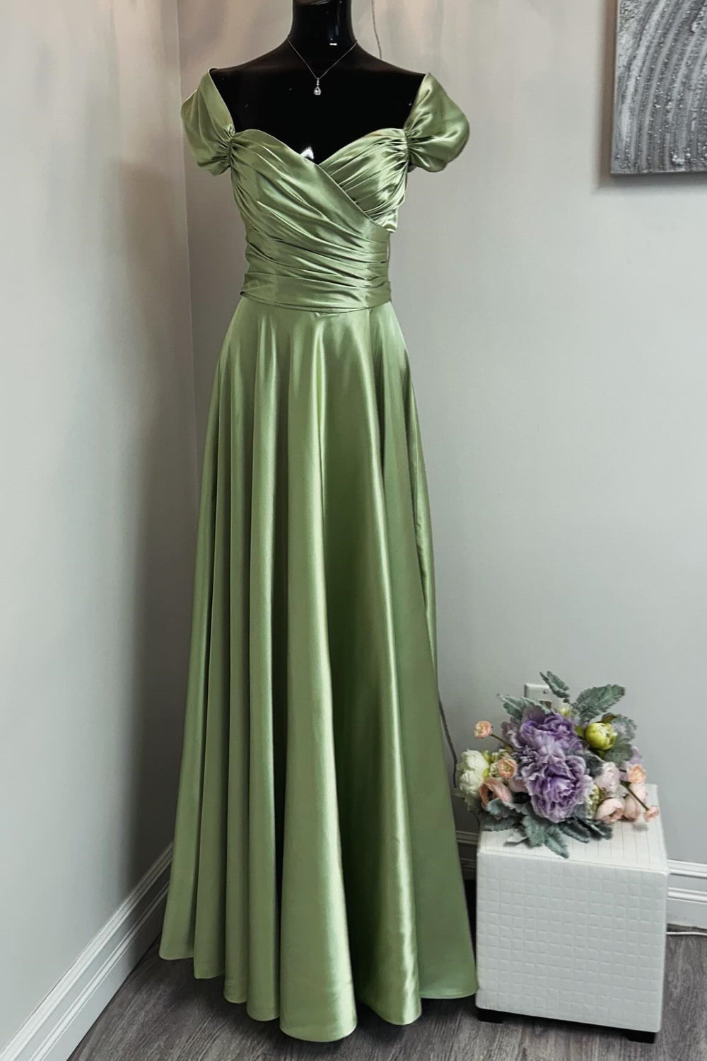 Off the Shoulder Sage Green Ruched Long Dress