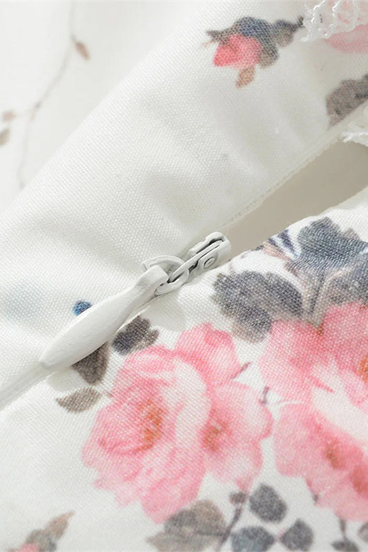 
                      
                        Off the Shoulder White Floral Print Short Dress with Bow
                      
                    