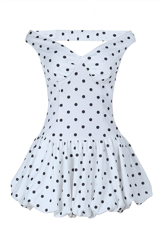 Off the Shoulder White Polka Dots A-line Short Dress