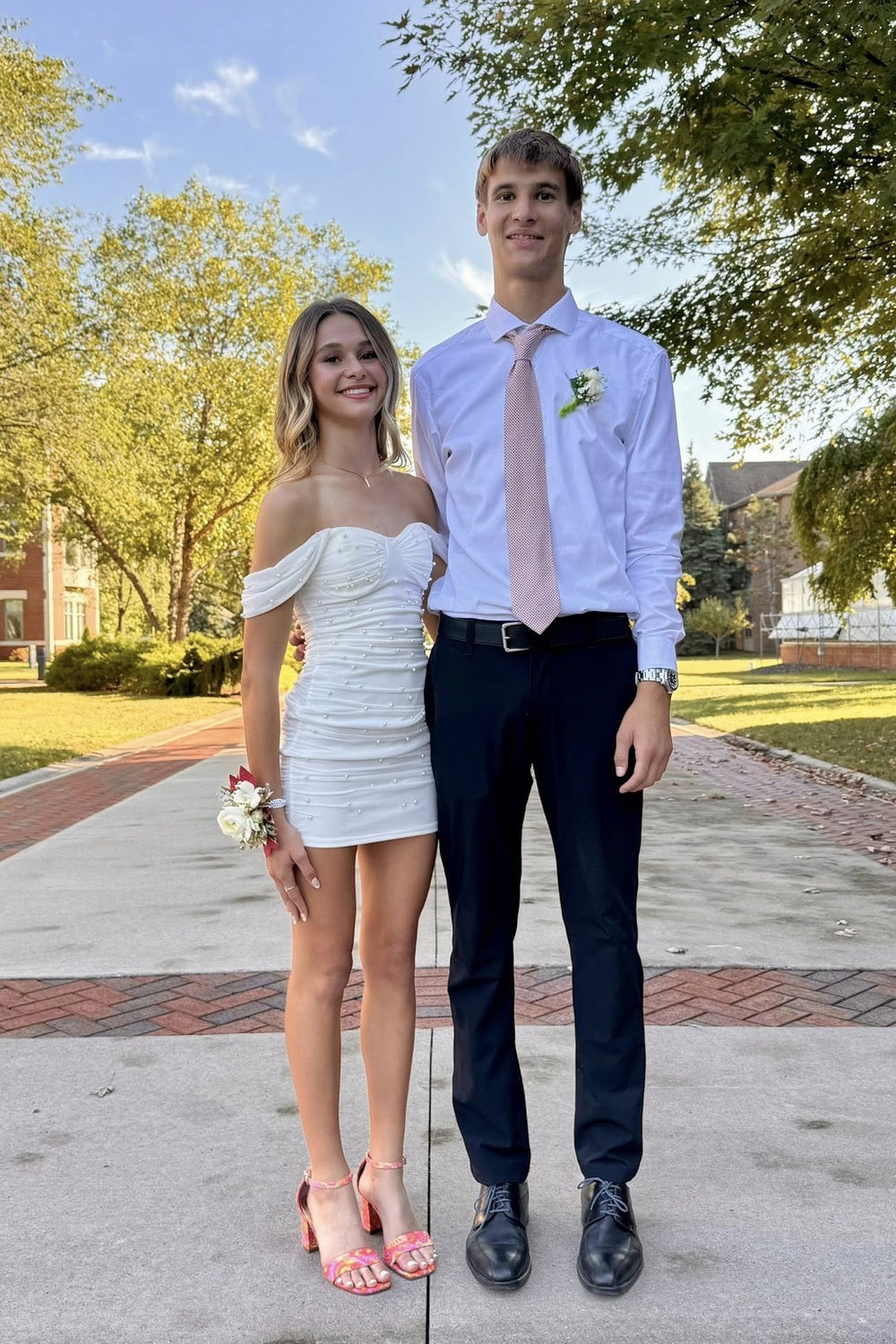 Off the Shoulder White Ruched Short Dress with Pearls