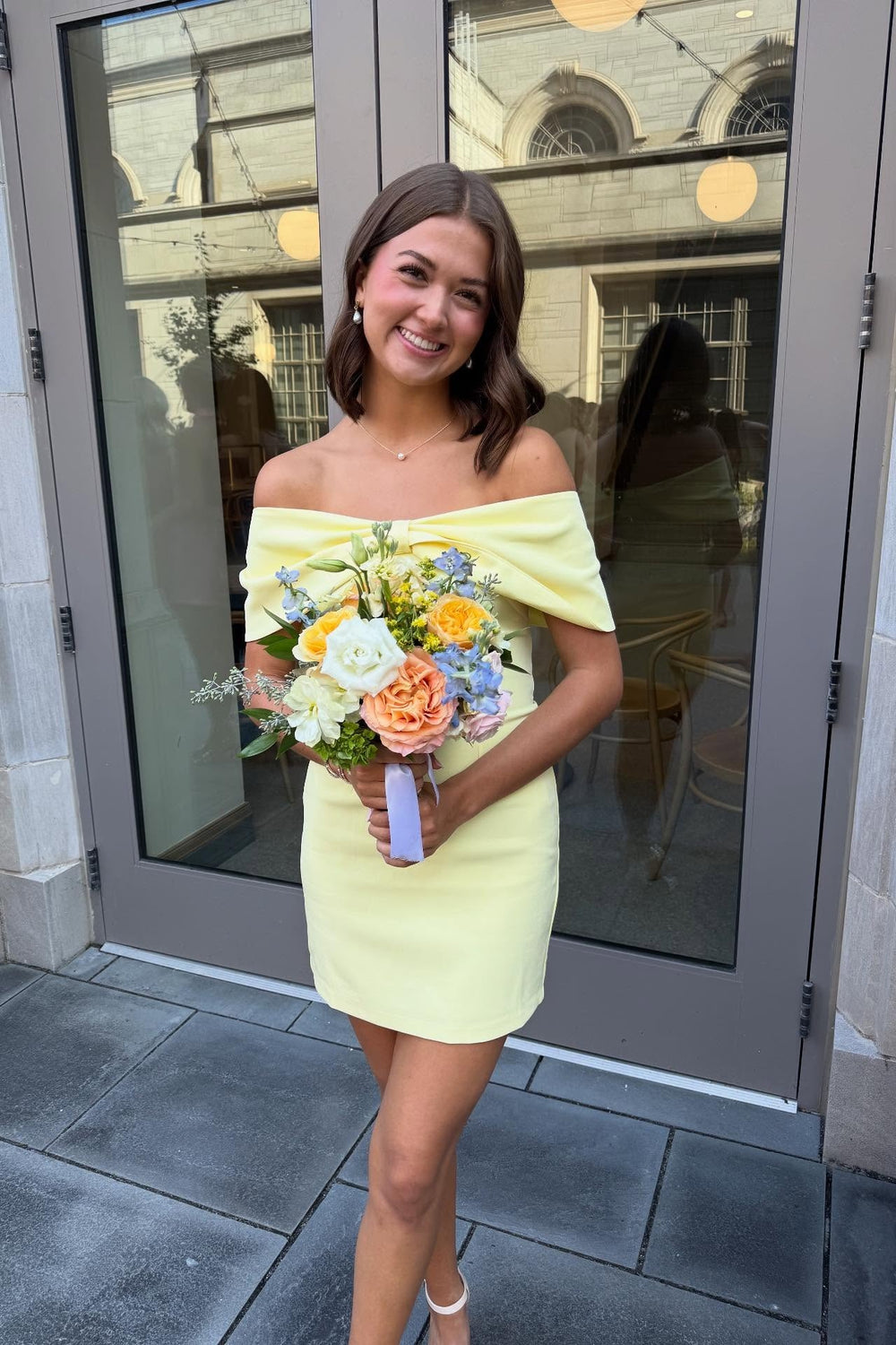Off the Shoulder Yellow Bow Short Dress