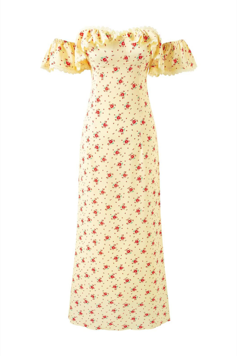 Off the Shoulder Yellow Floral Print Column Long Dress