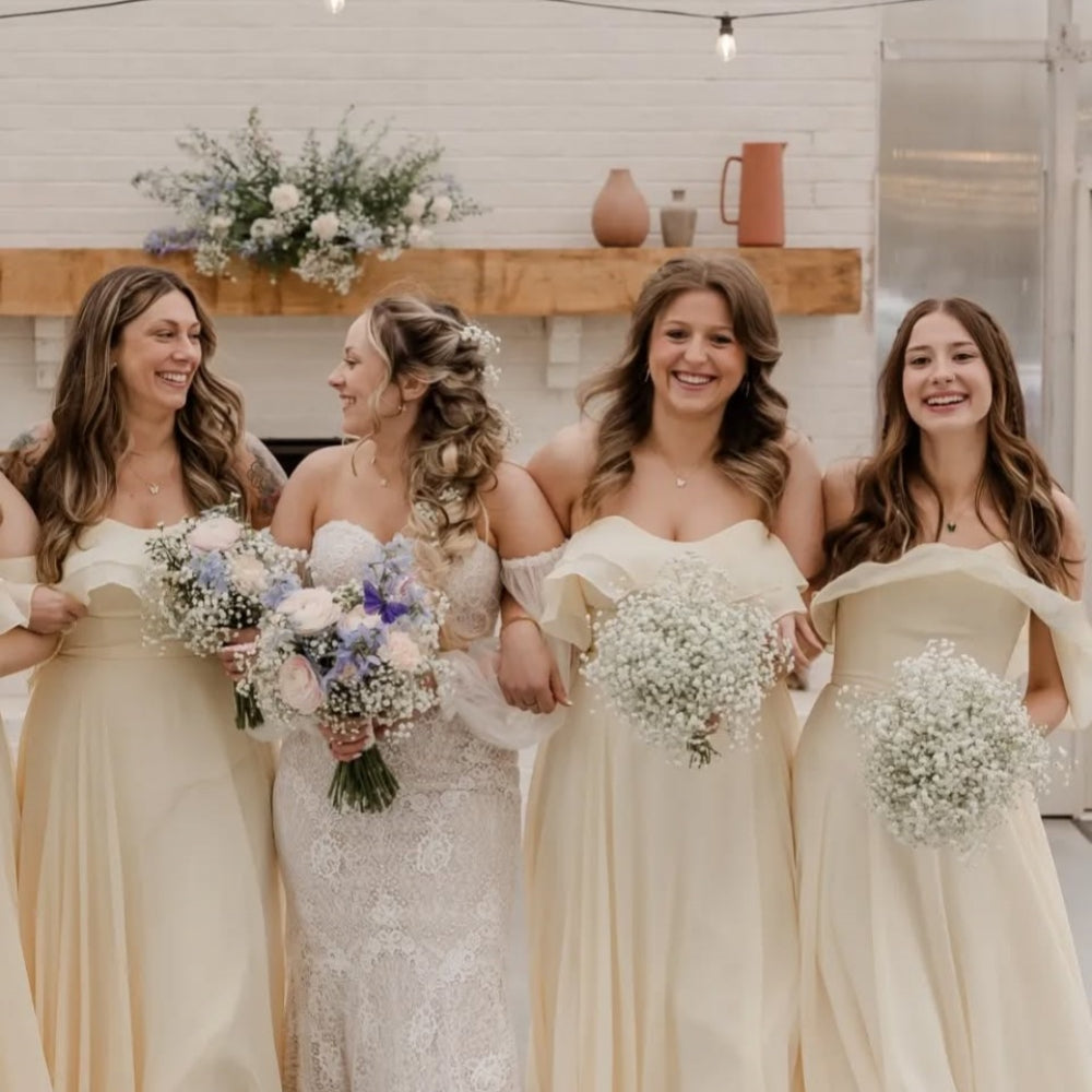 
                      
                        Off the Shoulder Light Yellow Ruffle Bridesmaid Dress
                      
                    