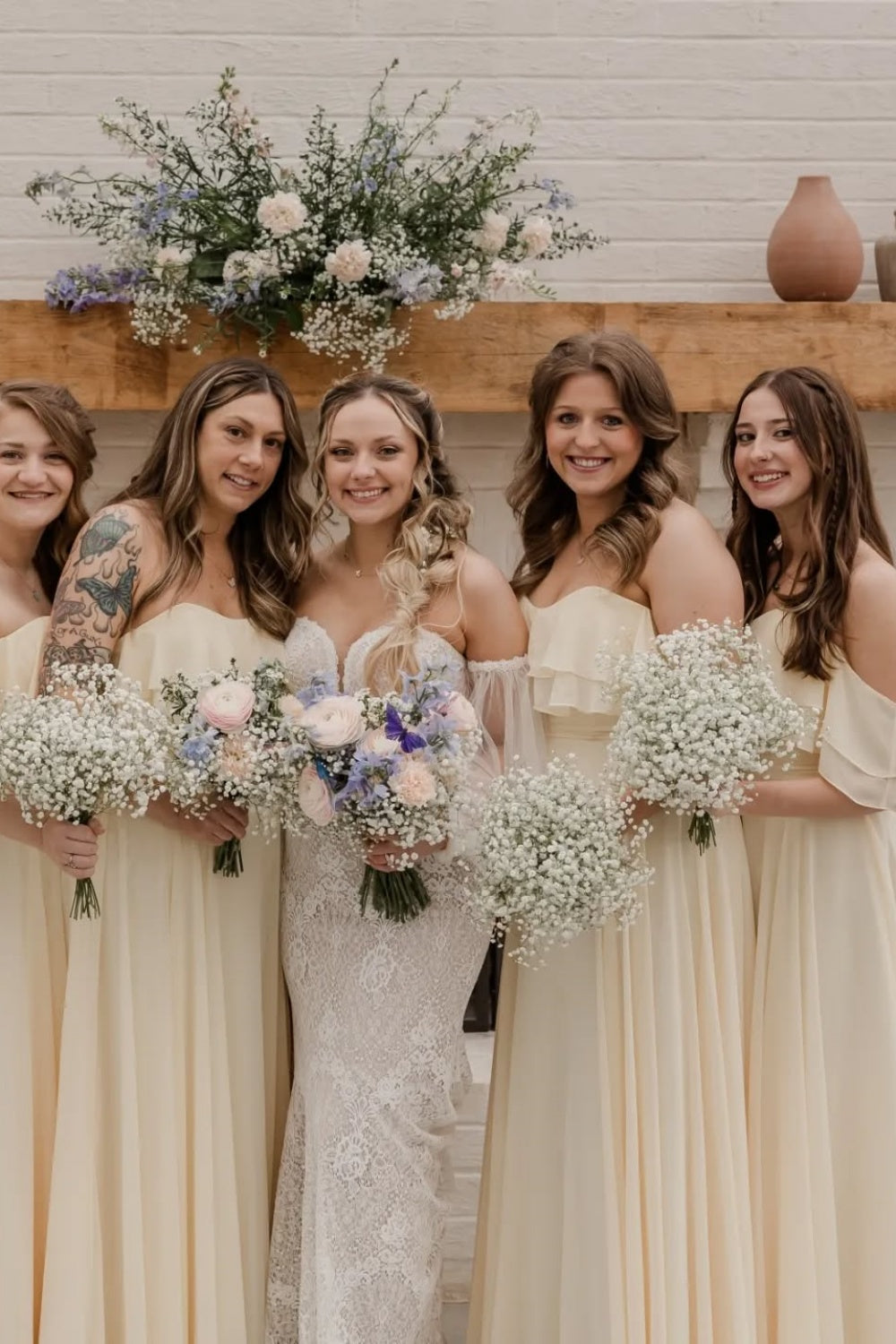 Off the Shoulder Light Yellow Ruffle Bridesmaid Dress