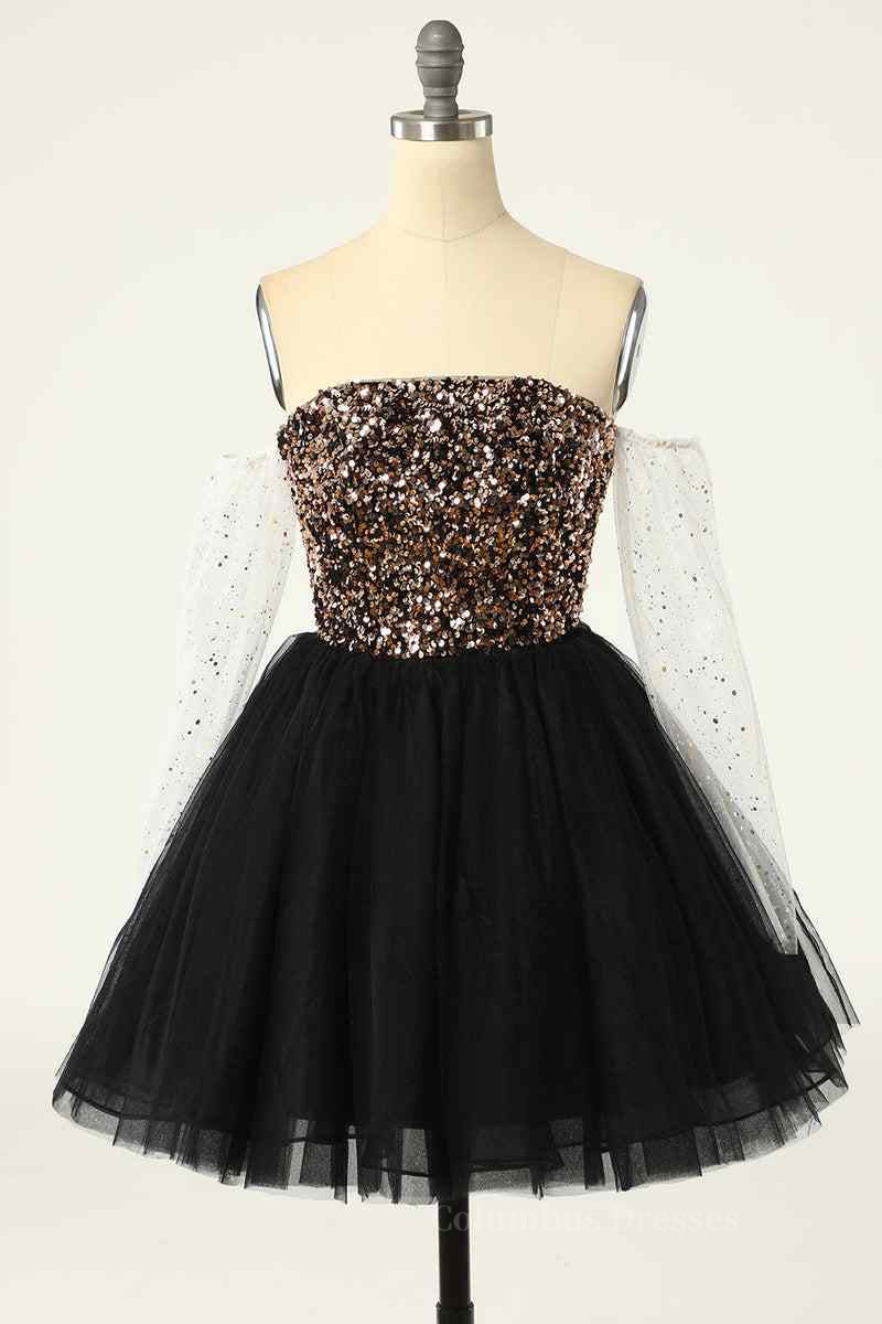 Off the shoulder Black Sequin A-line Short Dress