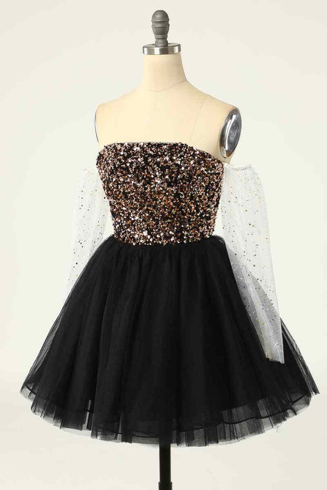 
                      
                        Off the shoulder Black Sequin A-line Short Dress
                      
                    