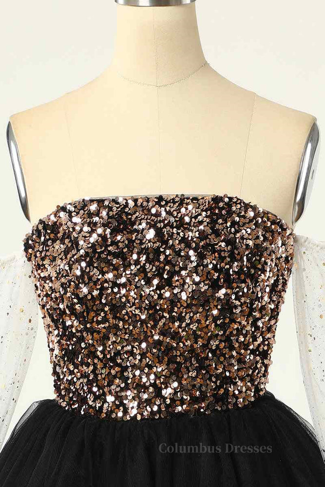 
                      
                        Off the shoulder Black Sequin A-line Short Dress
                      
                    