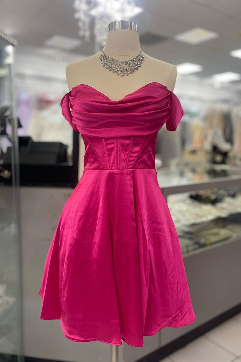 Off the Shoulder Hot Pink A-line Short Dress