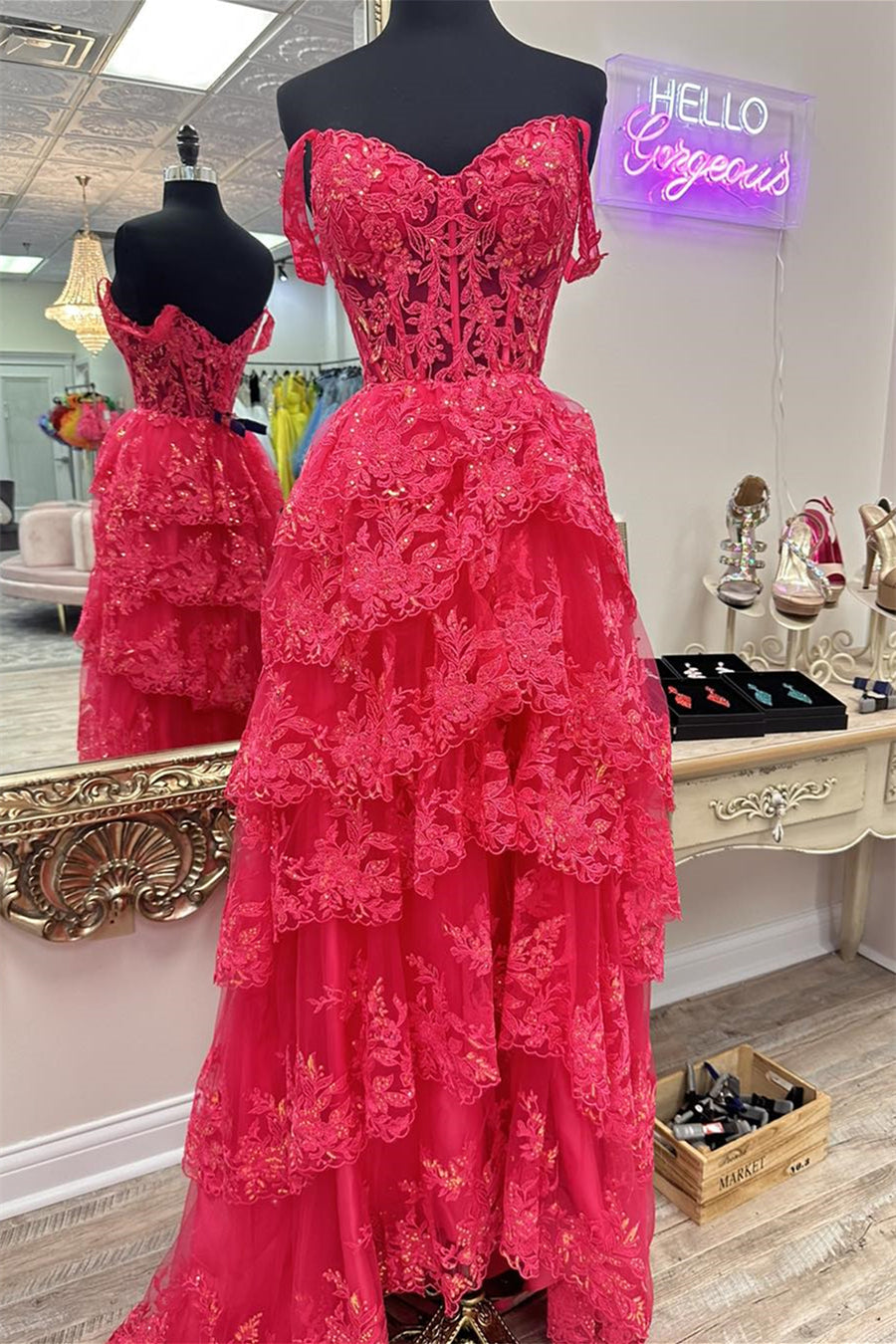 Off the Shoulder Hot Pink Appliques Tiered Formal Dress