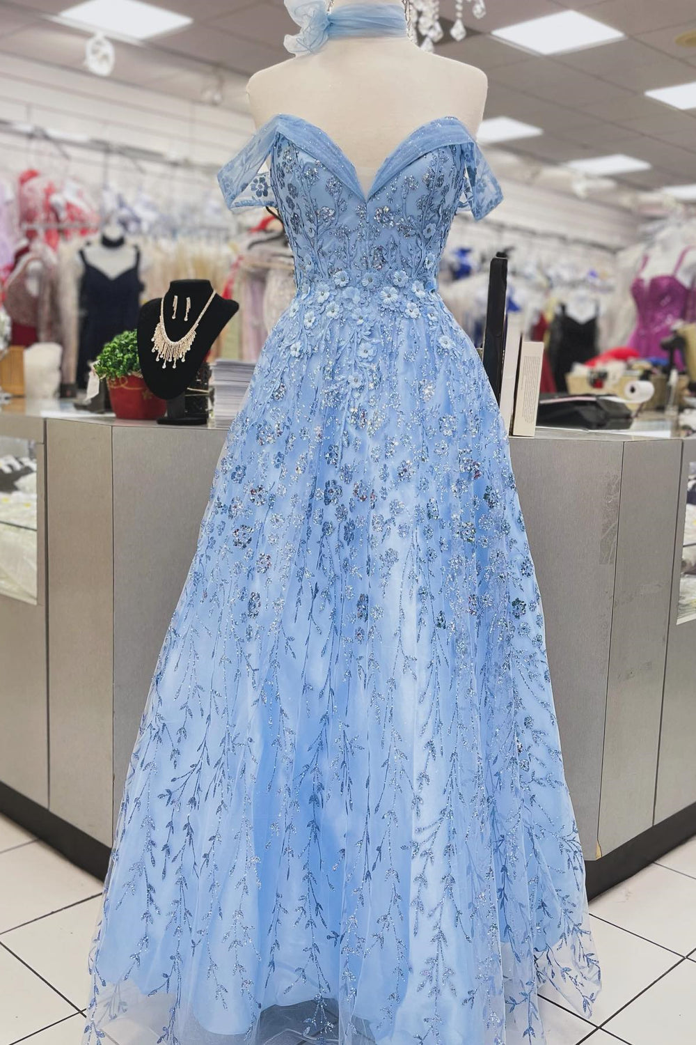 Off the Shoulder Light Blue 3D Flowers Long Dress