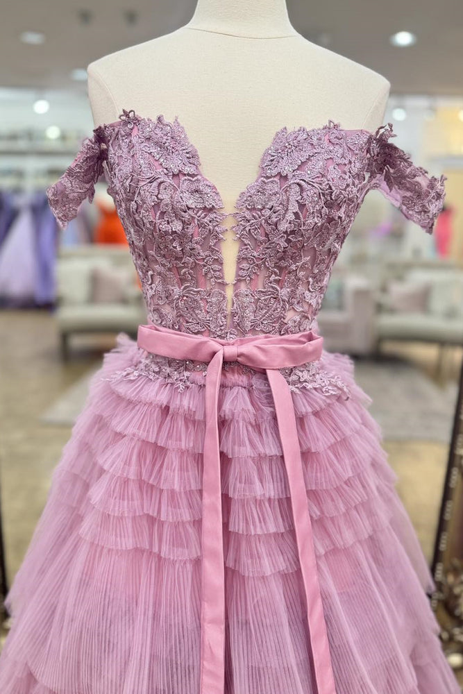 
                      
                        Off the Shoulder Pink Appliques Tiered Formal Dress
                      
                    