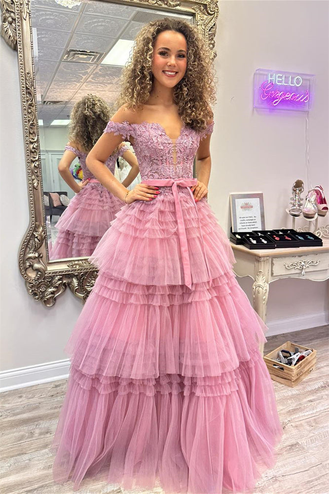 
                      
                        Off the Shoulder Pink Appliques Tiered Formal Dress
                      
                    