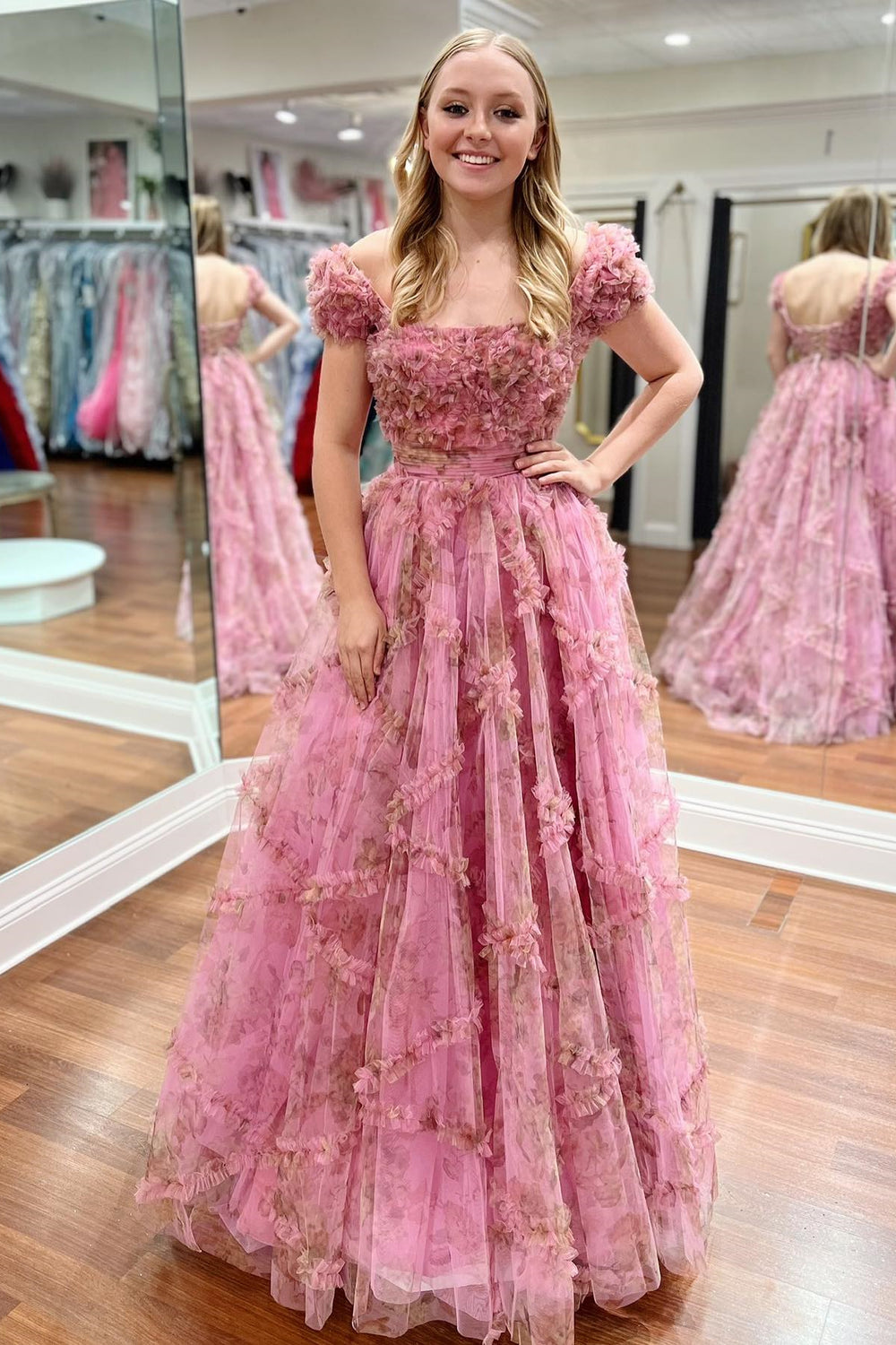 Off the Shoulder Pink Floral Corset Long Formal Dress