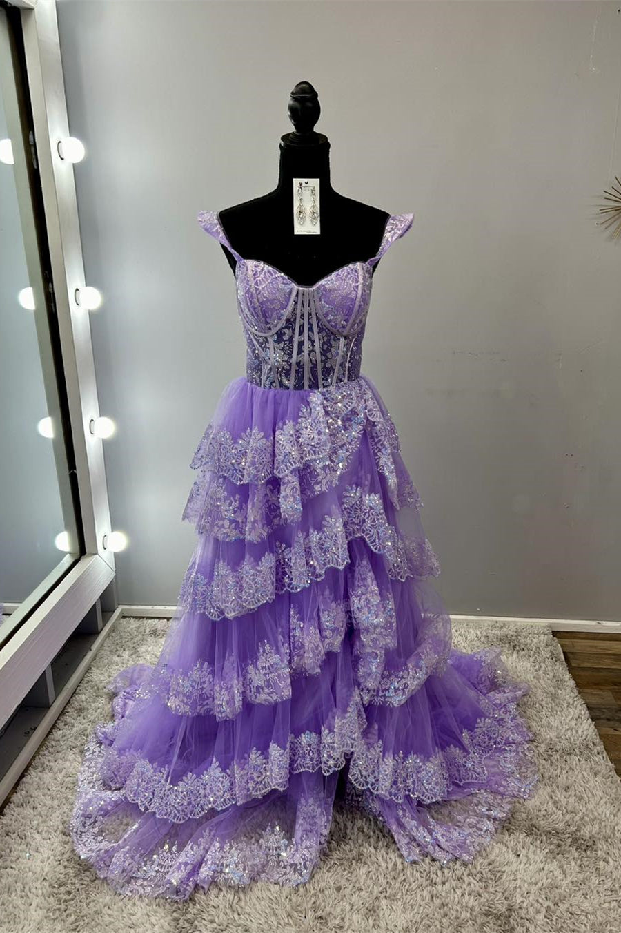 Straps Purple Appliques Tiered Formal Gown