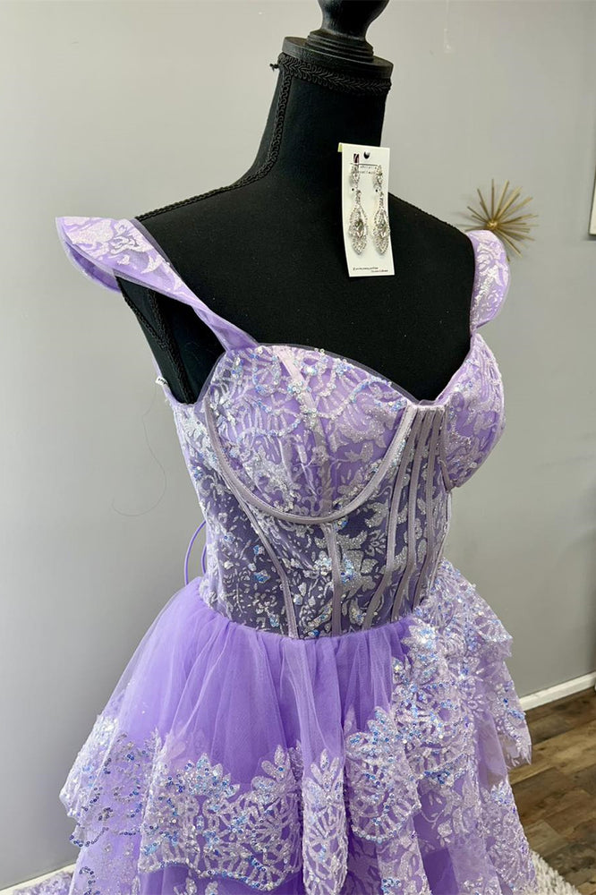 
                      
                        Straps Purple Appliques Tiered Formal Gown
                      
                    