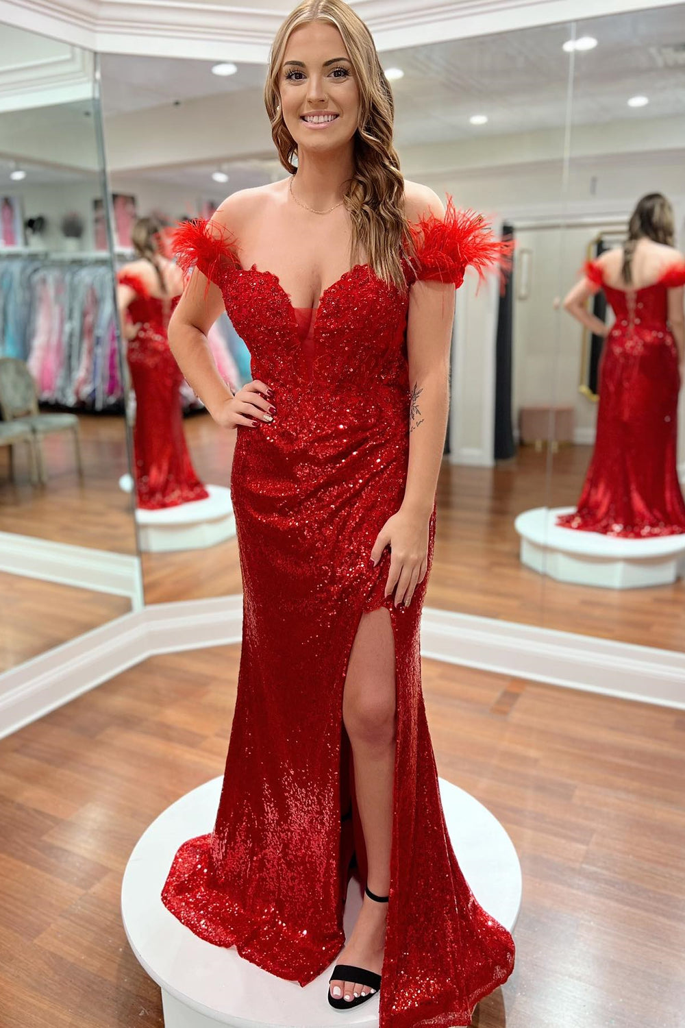 Off the Shoulder Red Sequin Mermaid Formal Dress