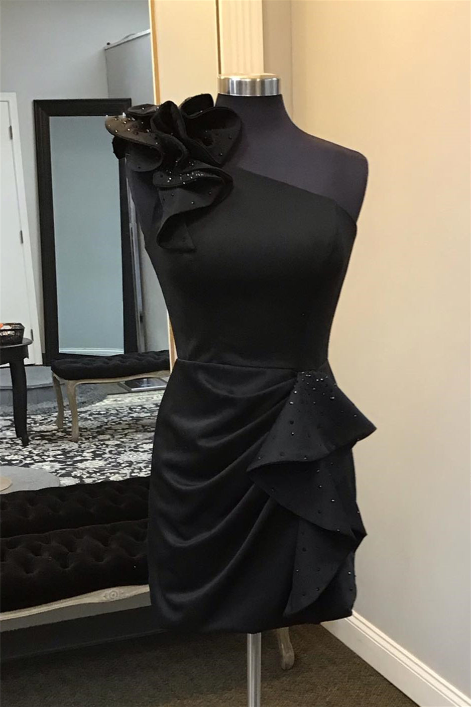 One Shoulder Black Ruffle Ruched Short Dress