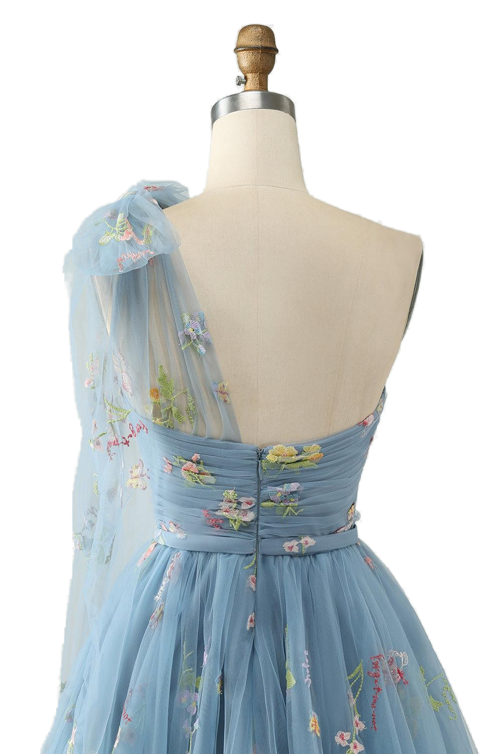One Shoulder Blue Floral Short Princess Dress – PollyBoutique