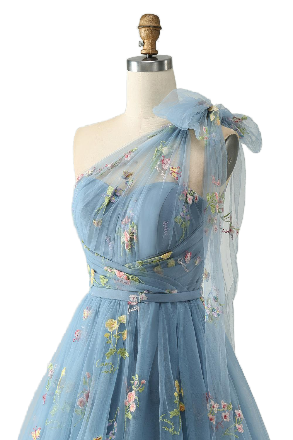 One Shoulder Blue Floral Short Princess Dress – PollyBoutique