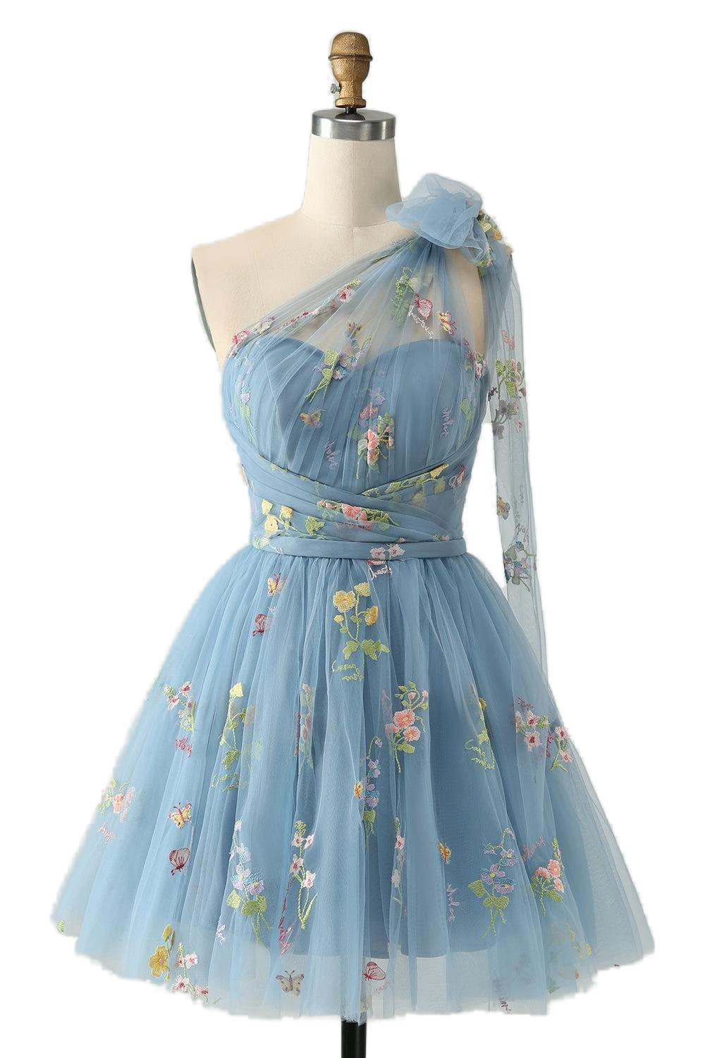 One Shoulder Blue Floral Short Princess Dress – PollyBoutique