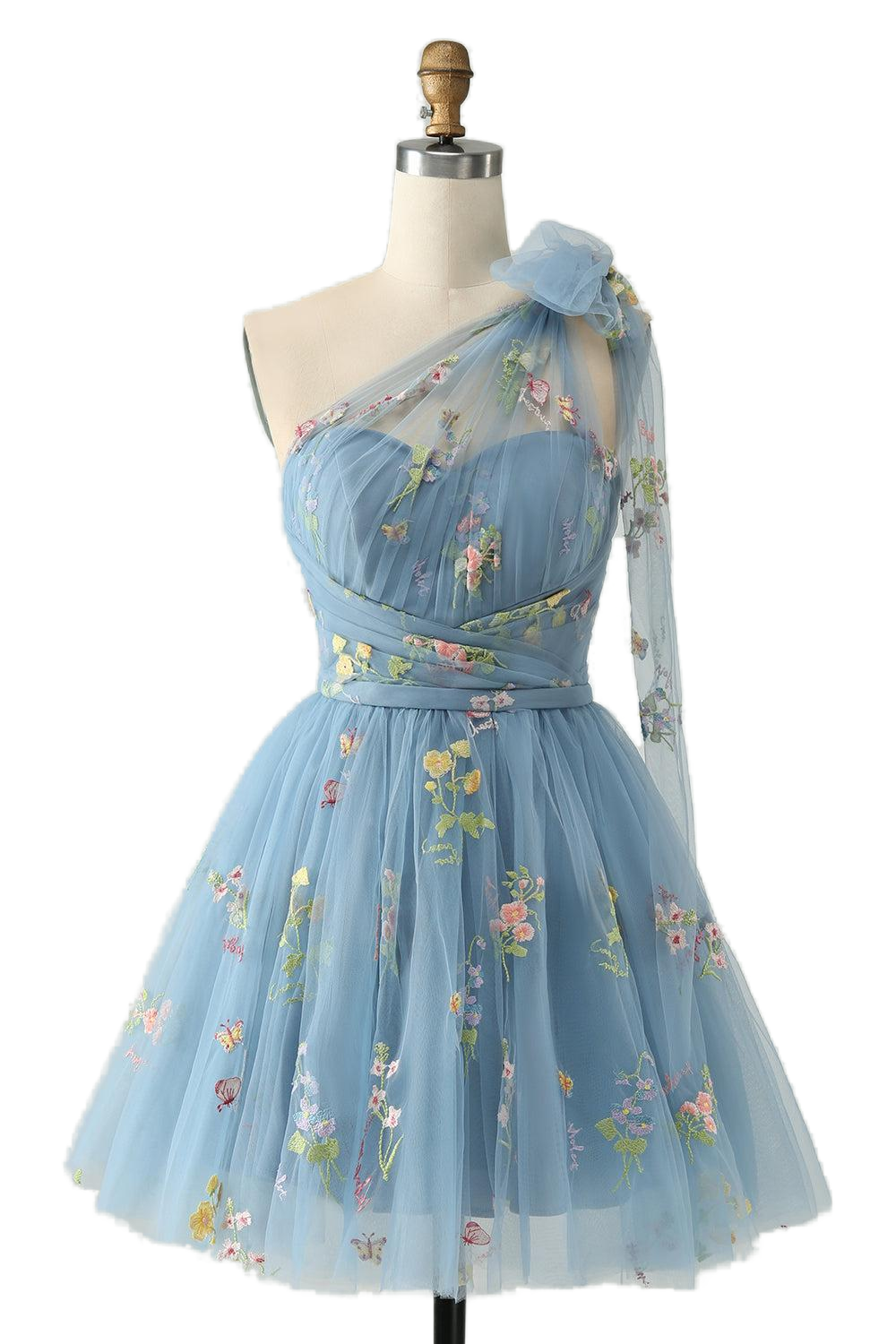 One Shoulder Blue Floral Short Princess Dress