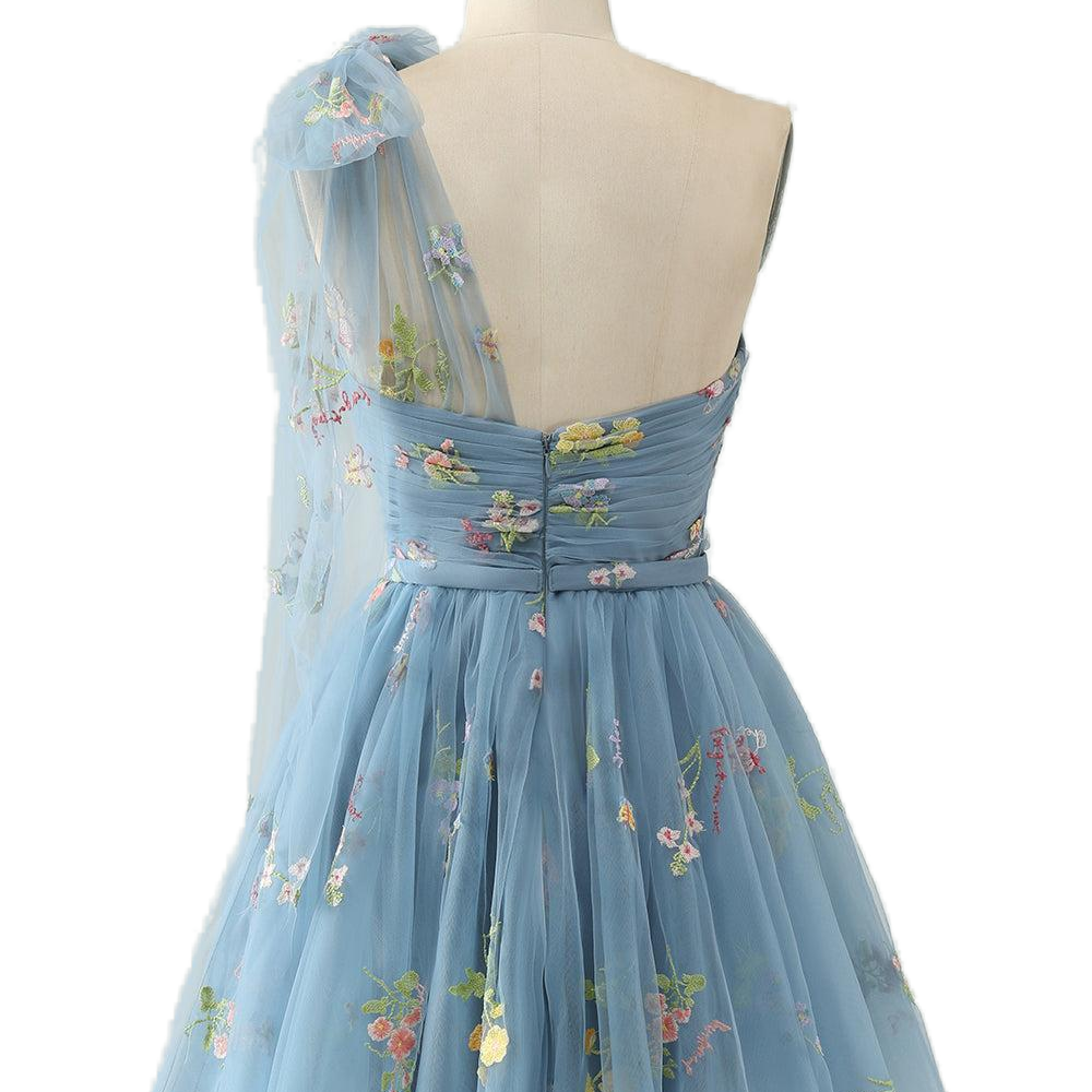 One Shoulder Blue Floral Short Princess Dress – PollyBoutique