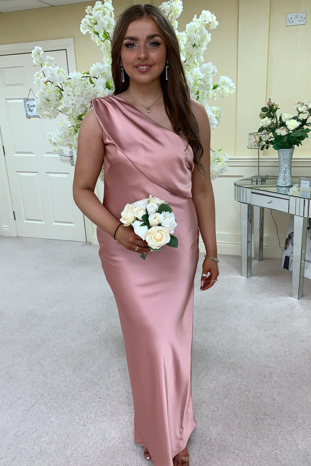 One Shoulder Blush Pink Bridesmaid Dress with Slit