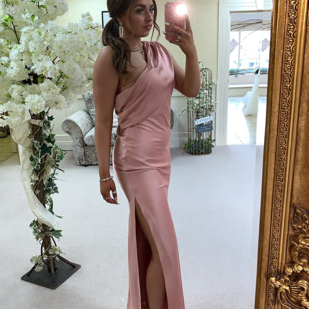 
                      
                        One Shoulder Blush Pink Bridesmaid Dress with Slit
                      
                    