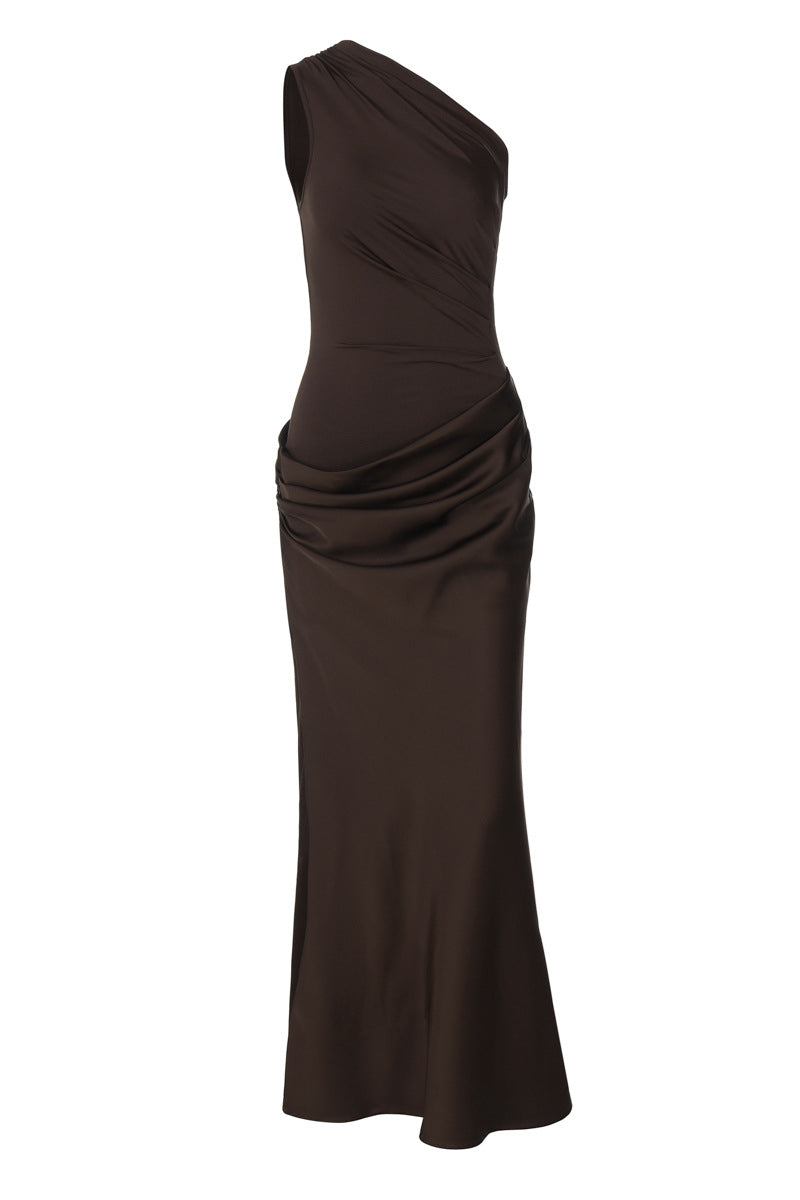 One Shoulder Brown Ruched Sheath Long Dress