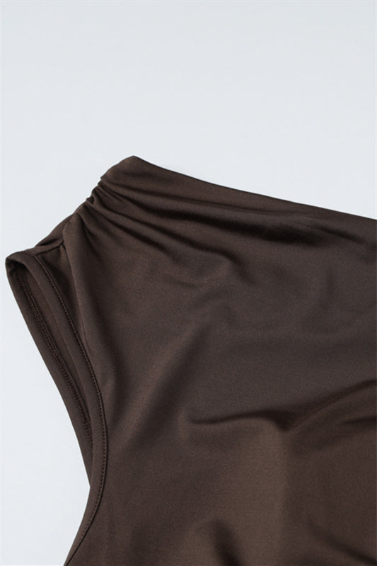 
                      
                        One Shoulder Brown Ruched Sheath Long Dress
                      
                    
