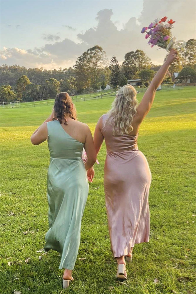 
                      
                        One Shoulder Butter Satin Bridesmaid Dress with Slit
                      
                    