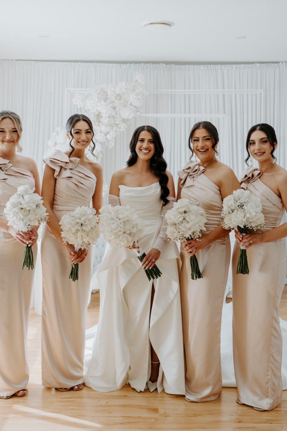 One Shoulder Champagne Gathered Waist Bridesmaid Dress