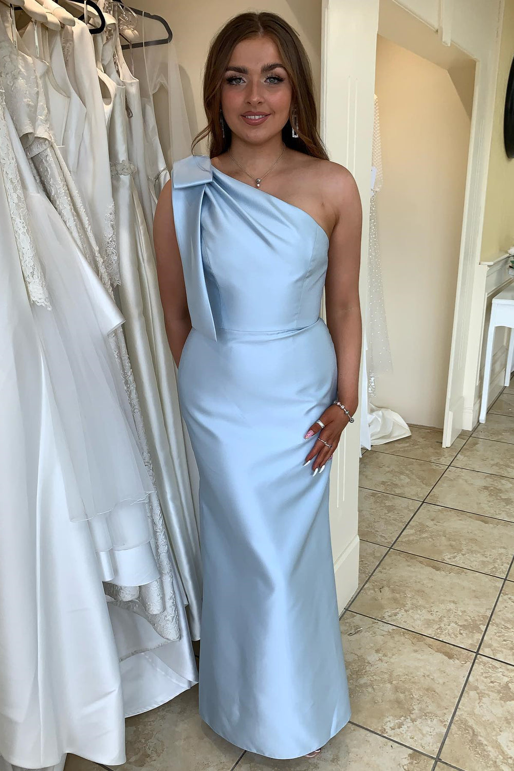 One Shoulder Dusty Blue Mermaid Bridesmaid Dresses