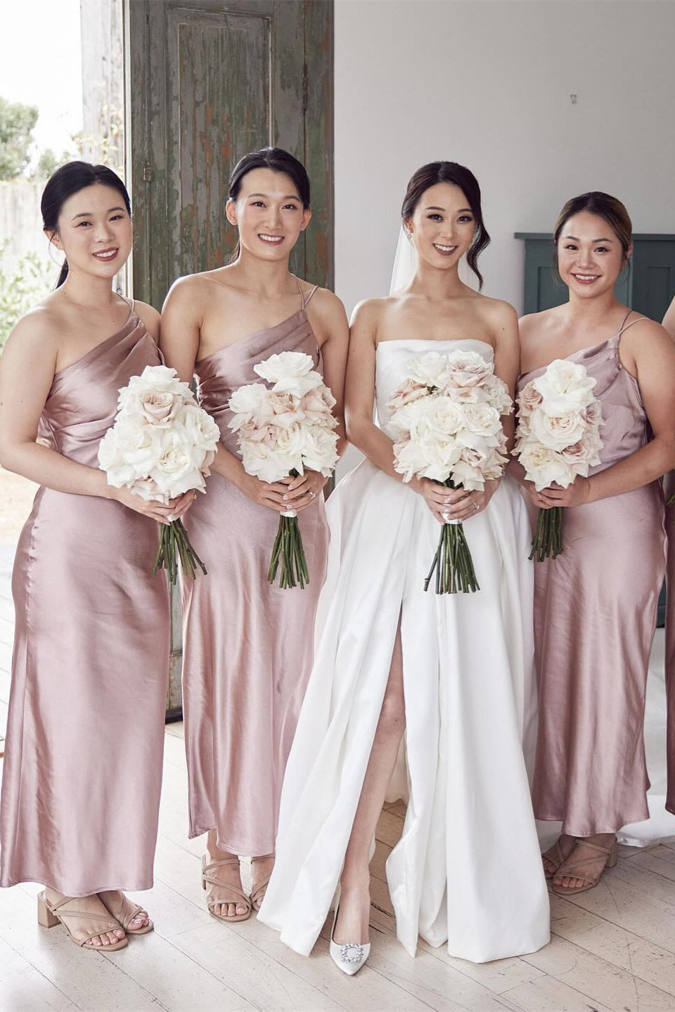 One Shoulder Dusty Pink Satin Bridesmaid Dresses