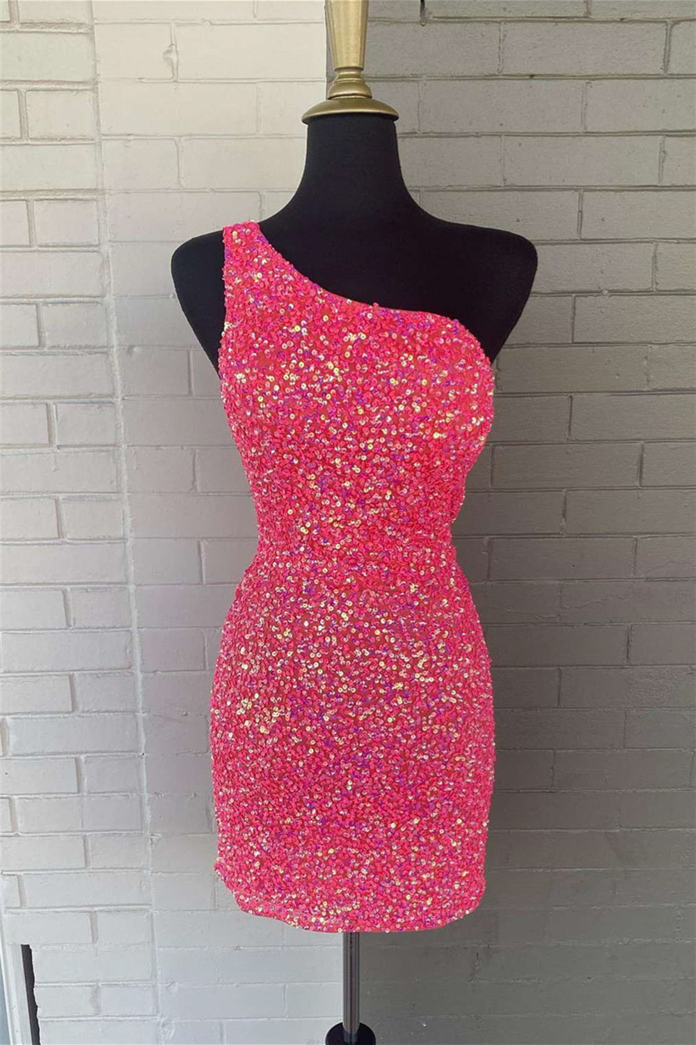 One Shoulder Hot Pink Sequin Bodycon Short Dress