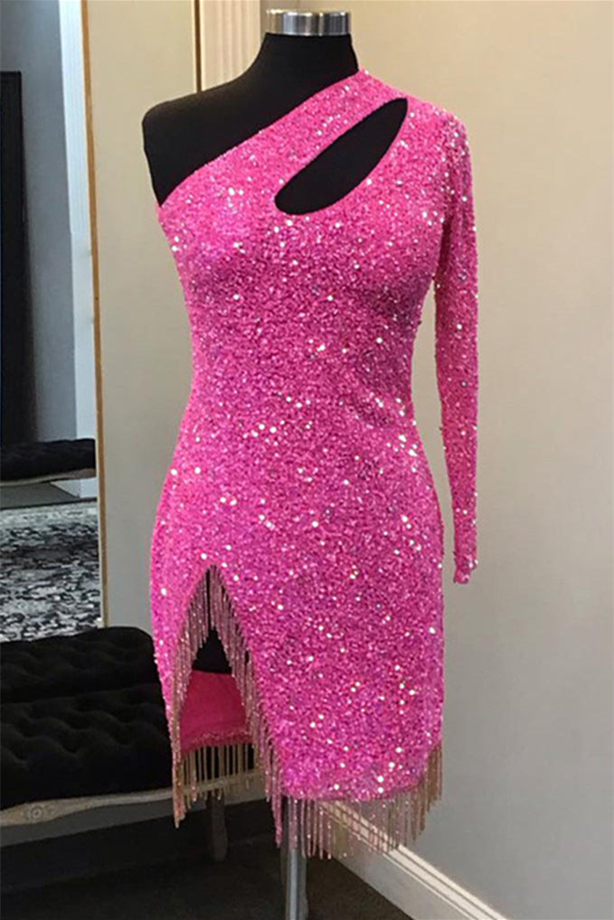 One Shoulder Hot Pink Tassels Sequin Short Dress