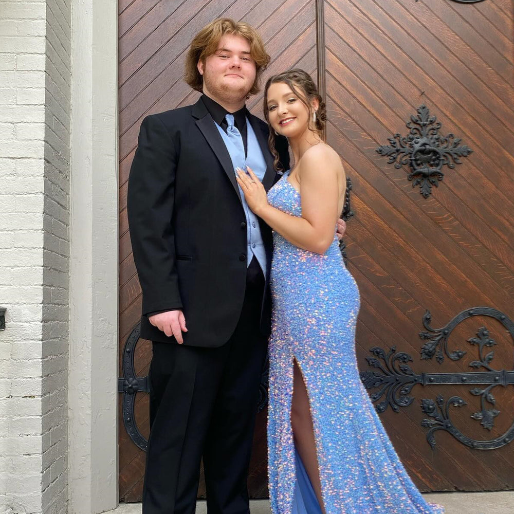 
                      
                        One Shoulder Light Blue Sequin Long Dress with a Slit
                      
                    