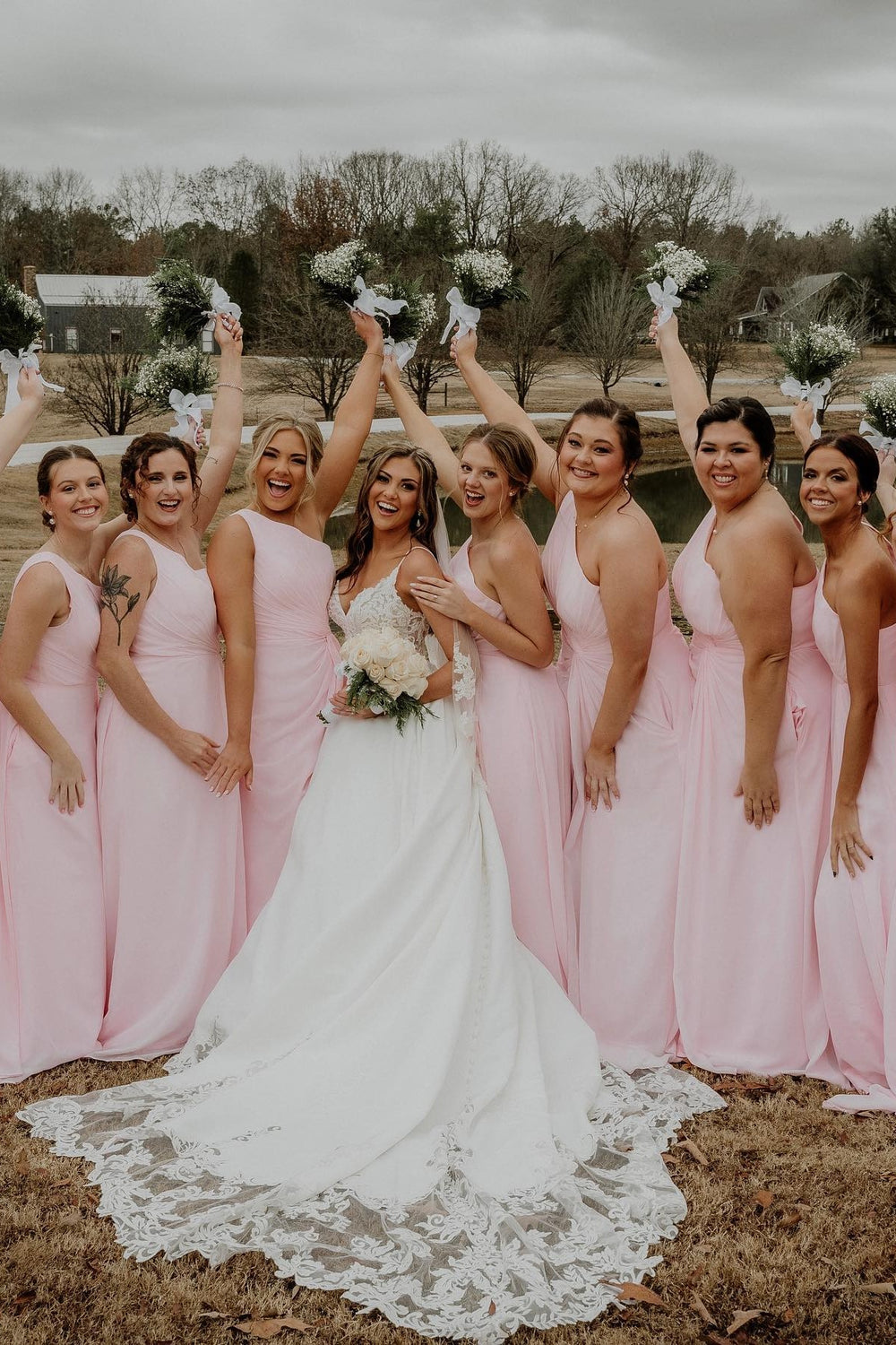 One Shoulder Light Pink Twist Bridesmaid Dress with Pockets