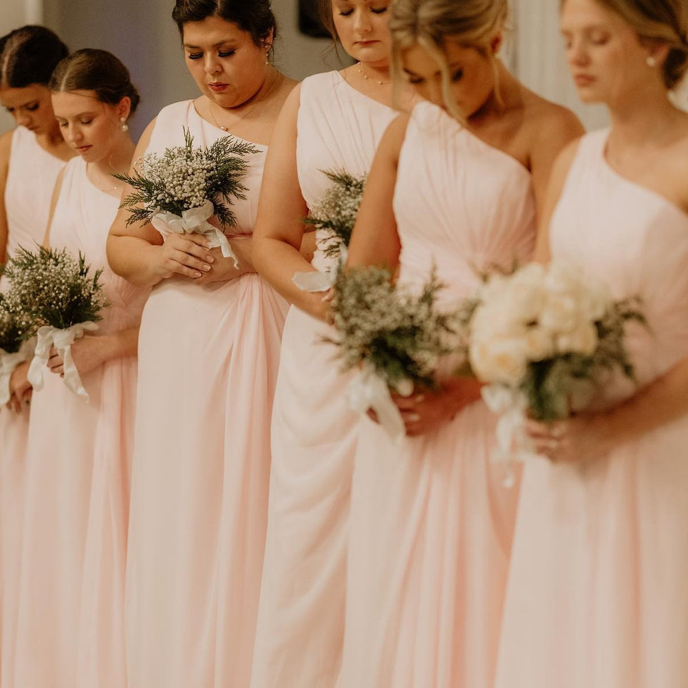 
                      
                        One Shoulder Light Pink Twist Bridesmaid Dress with Pockets
                      
                    