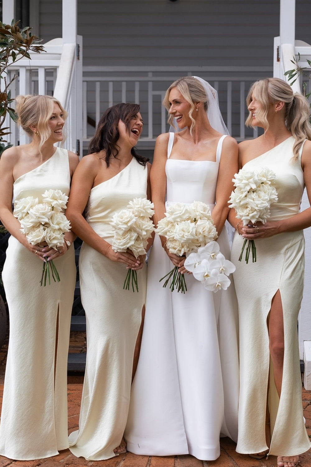 One Shoulder Light Yellow Gathered Bridesmaid Dress with Slit